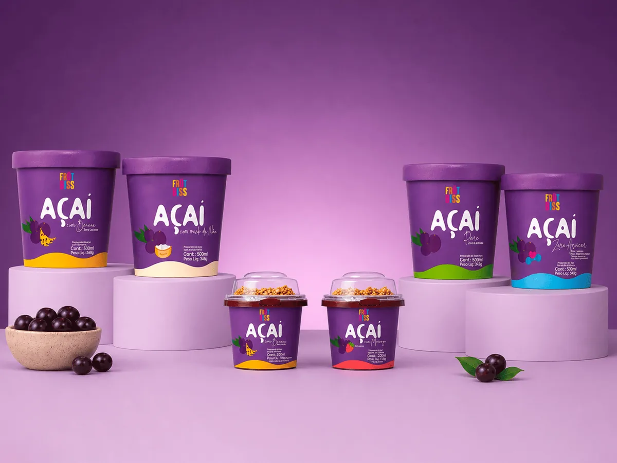 Linha de açaí FrutBiss em potes: com banana, ninho, puro e zero açúcar